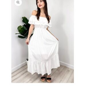 Off-Shoulder White Ruffle Maxi Dress